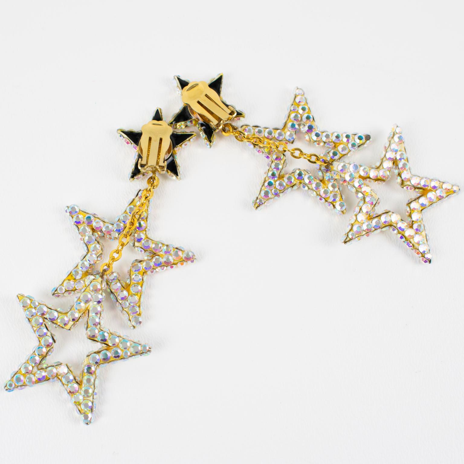 Richard Kerr AB Jeweled Dangle Clip Earrings Cascading Stars In Excellent Condition For Sale In Atlanta, GA