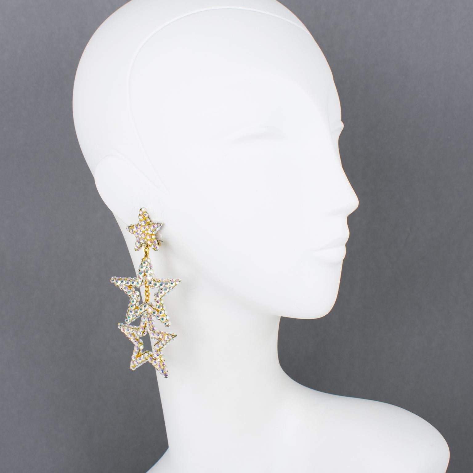 Richard Kerr AB Jeweled Dangle Clip Earrings Cascading Stars For Sale 3