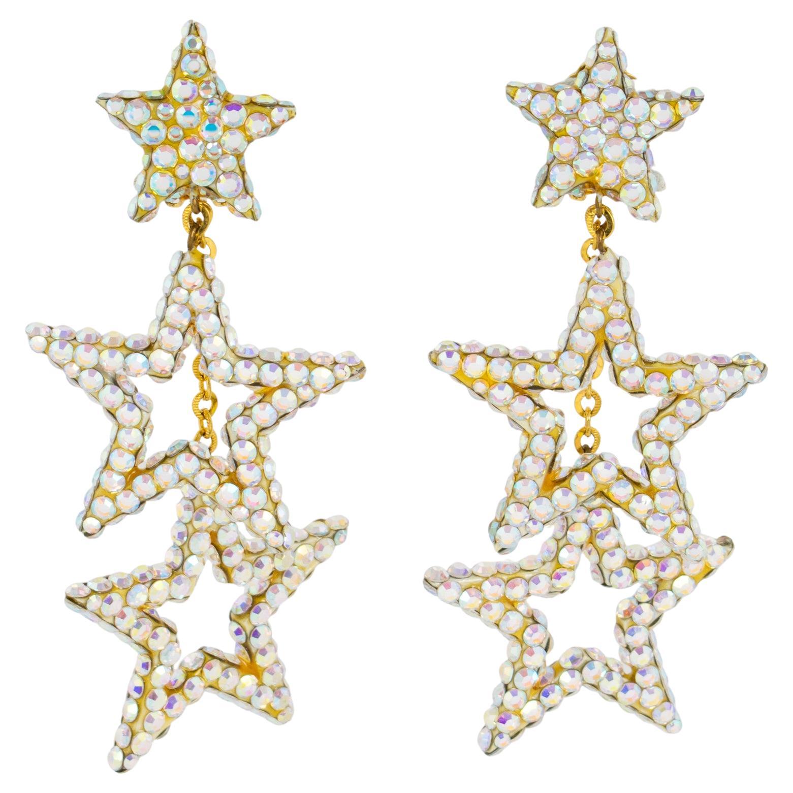 Richard Kerr AB Jeweled Dangle Clip Earrings Cascading Stars For Sale