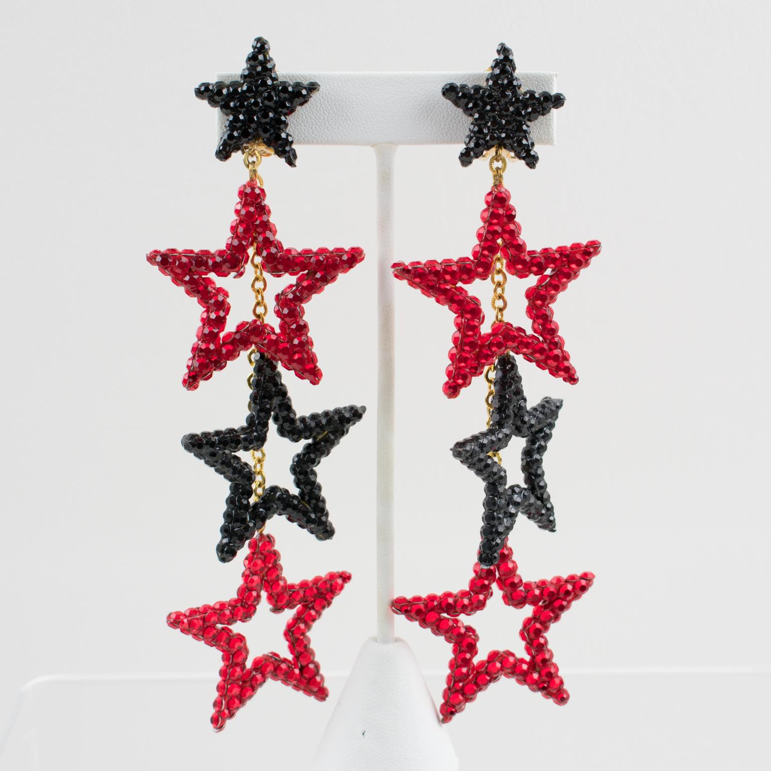 Richard Kerr Bi-color Dangle Star Jeweled Clip Earrings For Sale 2