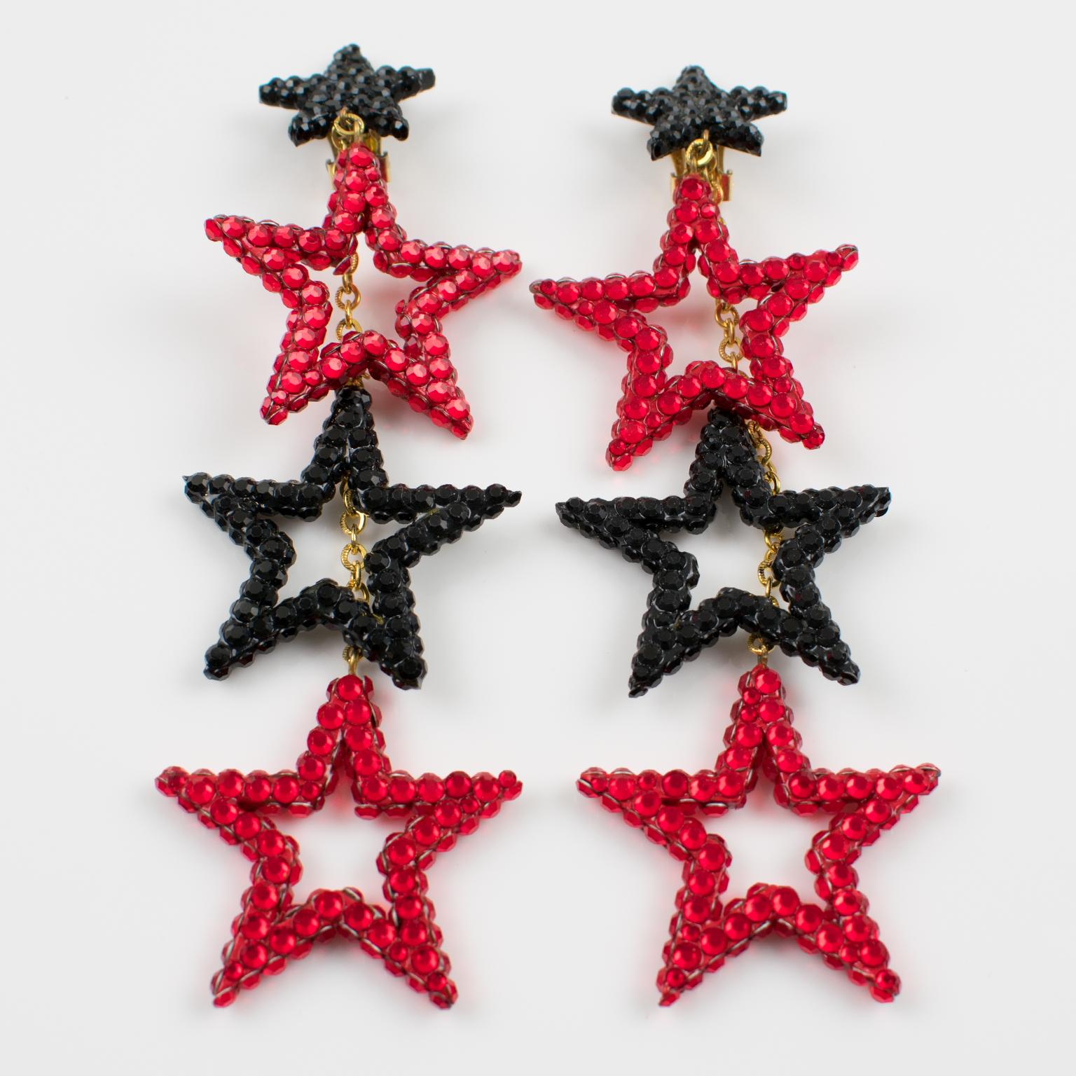 Richard Kerr Bi-color Dangle Star Jeweled Clip Earrings For Sale 3