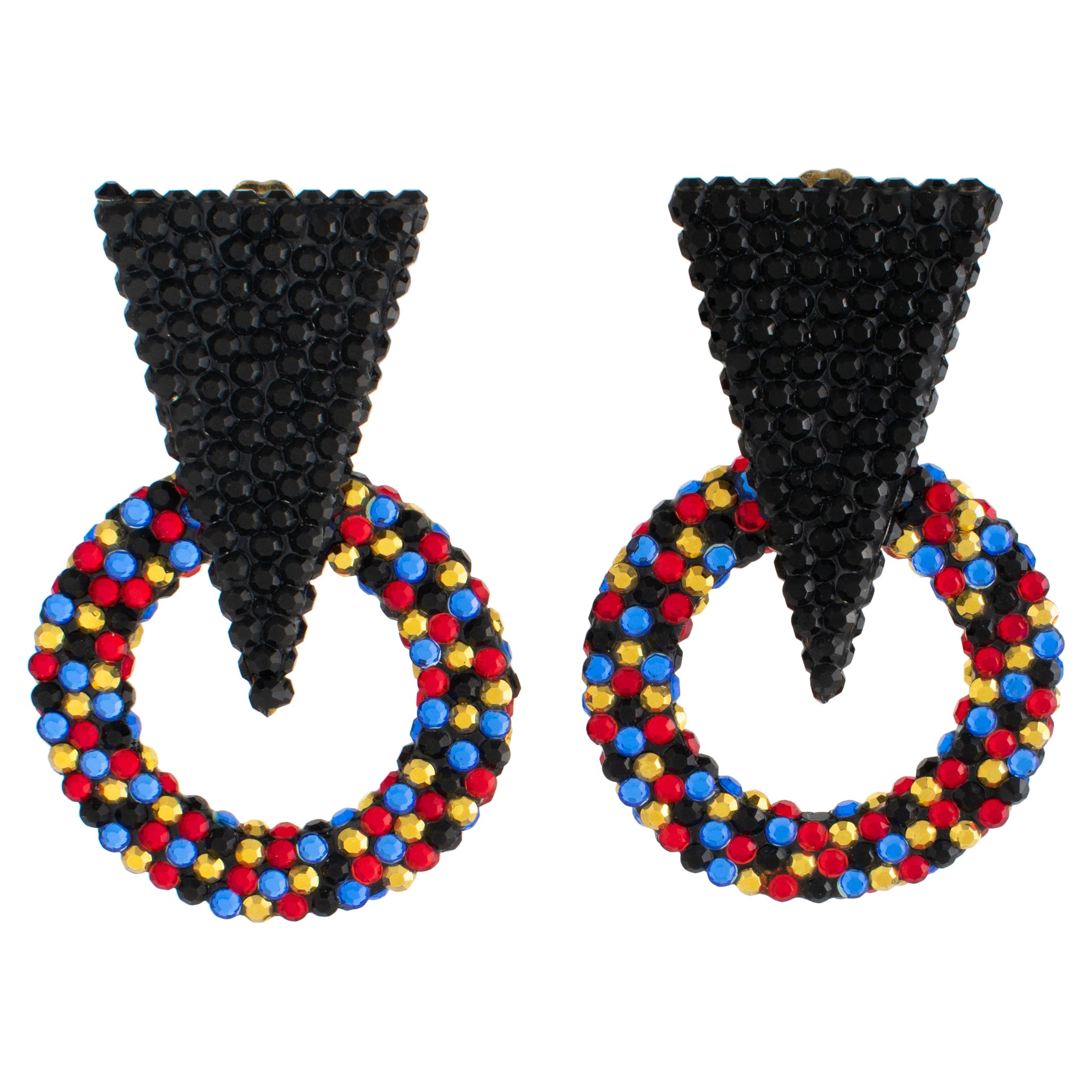 Richard Kerr Black and Multicolor Jeweled Dangle Clip Earrings