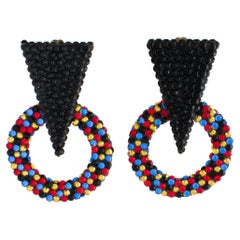 Richard Kerr Black and Multicolor Jeweled Dangle Clip Earrings