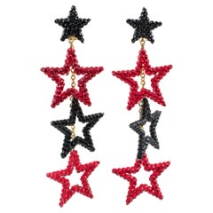 Richard Kerr Black and Red Dangle Star Jeweled Clip Earrings