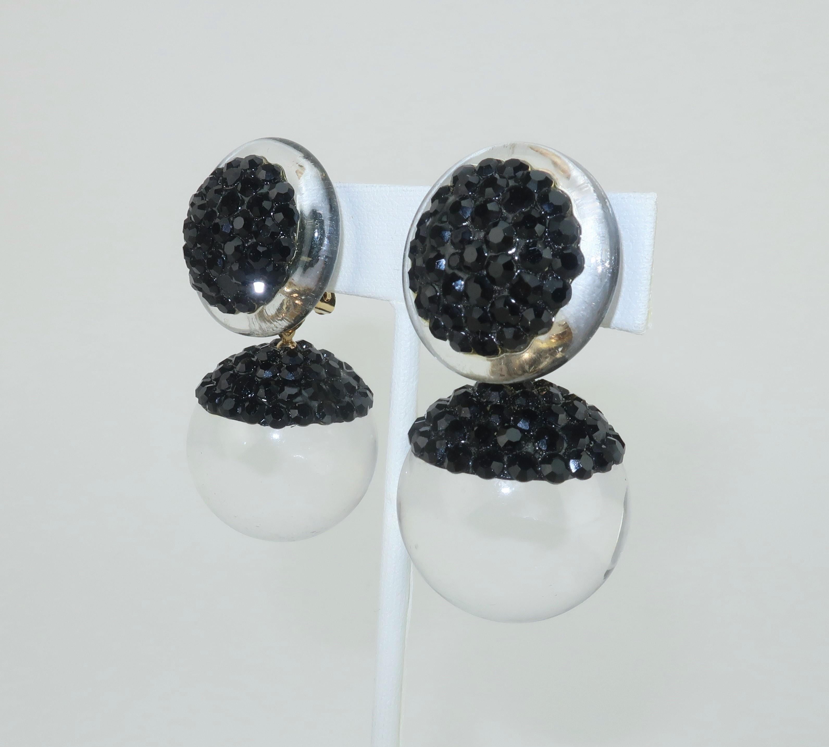 Modern Richard Kerr Black Pave Crystal & Acrylic Drop Earrings, 1980’s