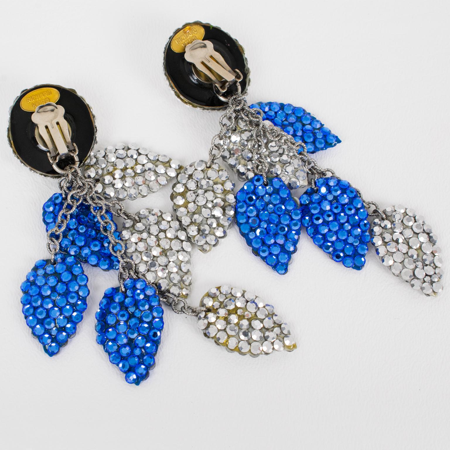 Romantic Richard Kerr Blue and Silver Jeweled Dangle Leaves Clip Earrings