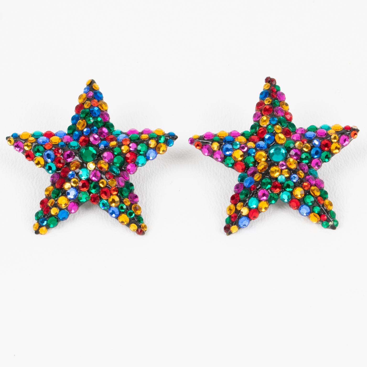 Romantic Richard Kerr Bright Multicolor Star Jeweled Clip Earrings
