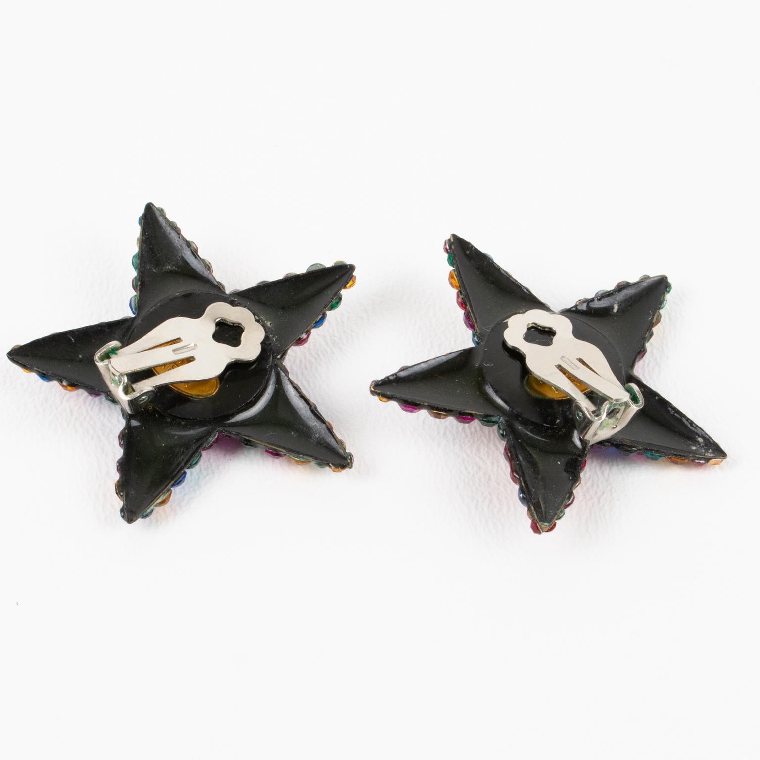 Richard Kerr Bright Multicolor Star Jeweled Clip Earrings In Excellent Condition In Atlanta, GA