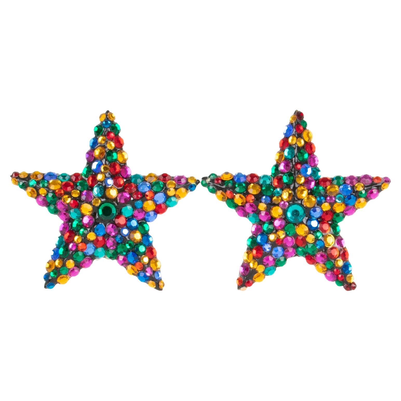 Richard Kerr Bright Multicolor Star Jeweled Clip Earrings