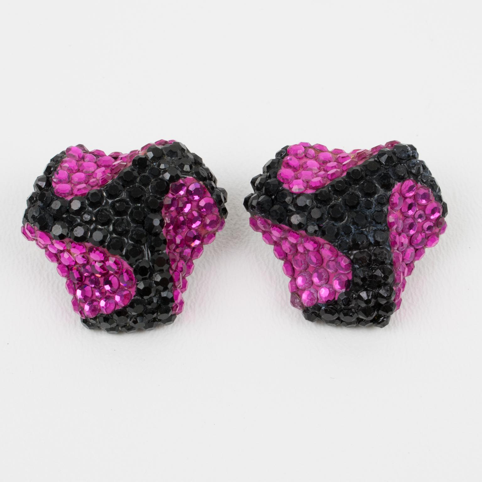 Modern Richard Kerr Clip Earrings Black and Fuchsia Crystal Jeweled Paved For Sale