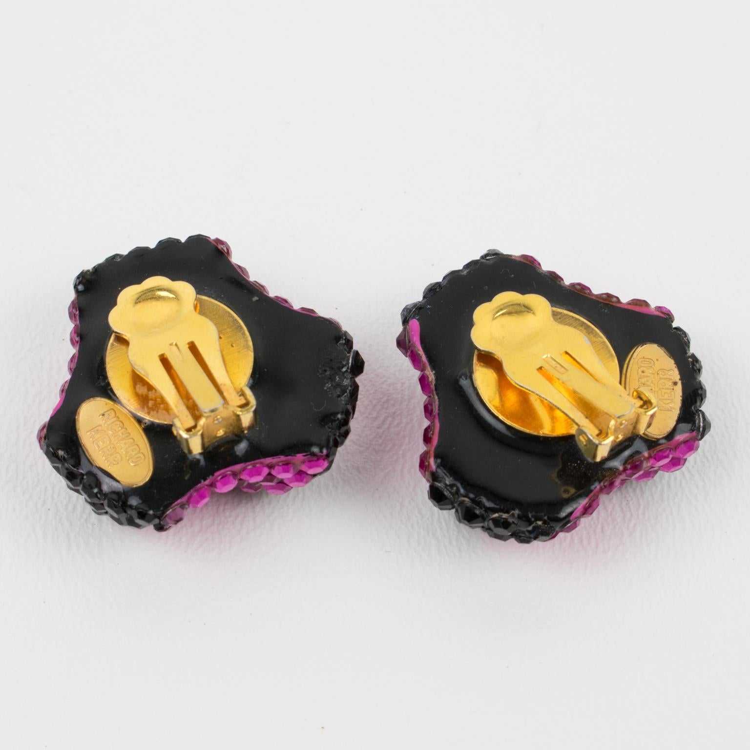 Richard Kerr Clip Earrings Black and Fuchsia Crystal Jeweled Paved In Excellent Condition For Sale In Atlanta, GA