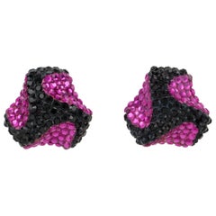 Richard Kerr Clip Earrings Black and Fuchsia Crystal Jeweled Paved