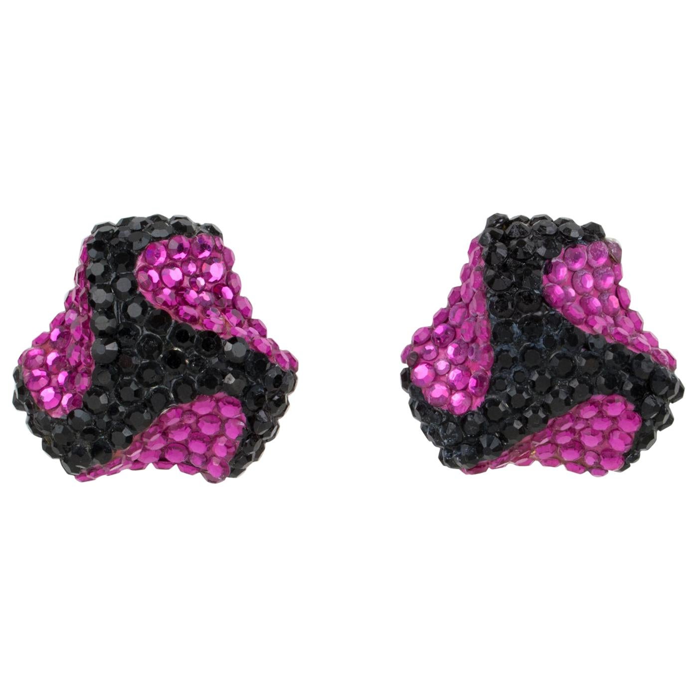 Richard Kerr Clip Earrings Black and Fuchsia Crystal Jeweled Paved For Sale