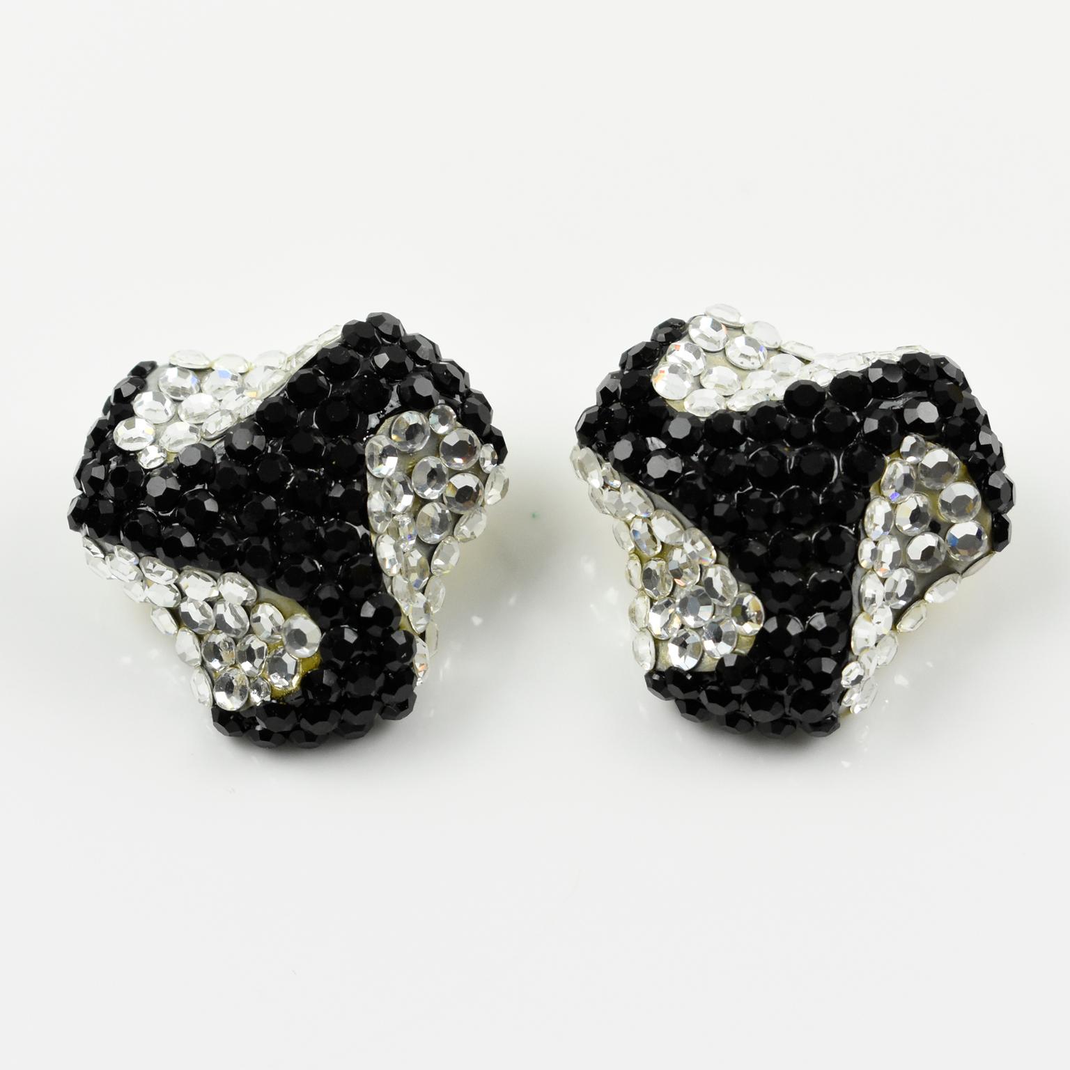 Richard Kerr Clip on Earrings Black and White Rhinestones Paved In Excellent Condition In Atlanta, GA
