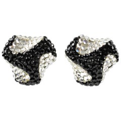 Vintage Richard Kerr Clip on Earrings Black and White Rhinestones Paved