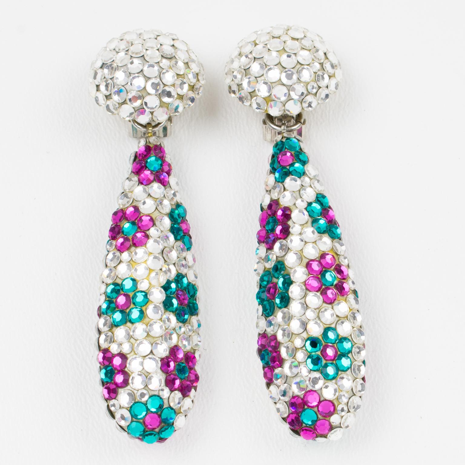 Modern Richard Kerr Dangle Clip Earrings Turquoise and Fuchsia Crystal Flowers For Sale