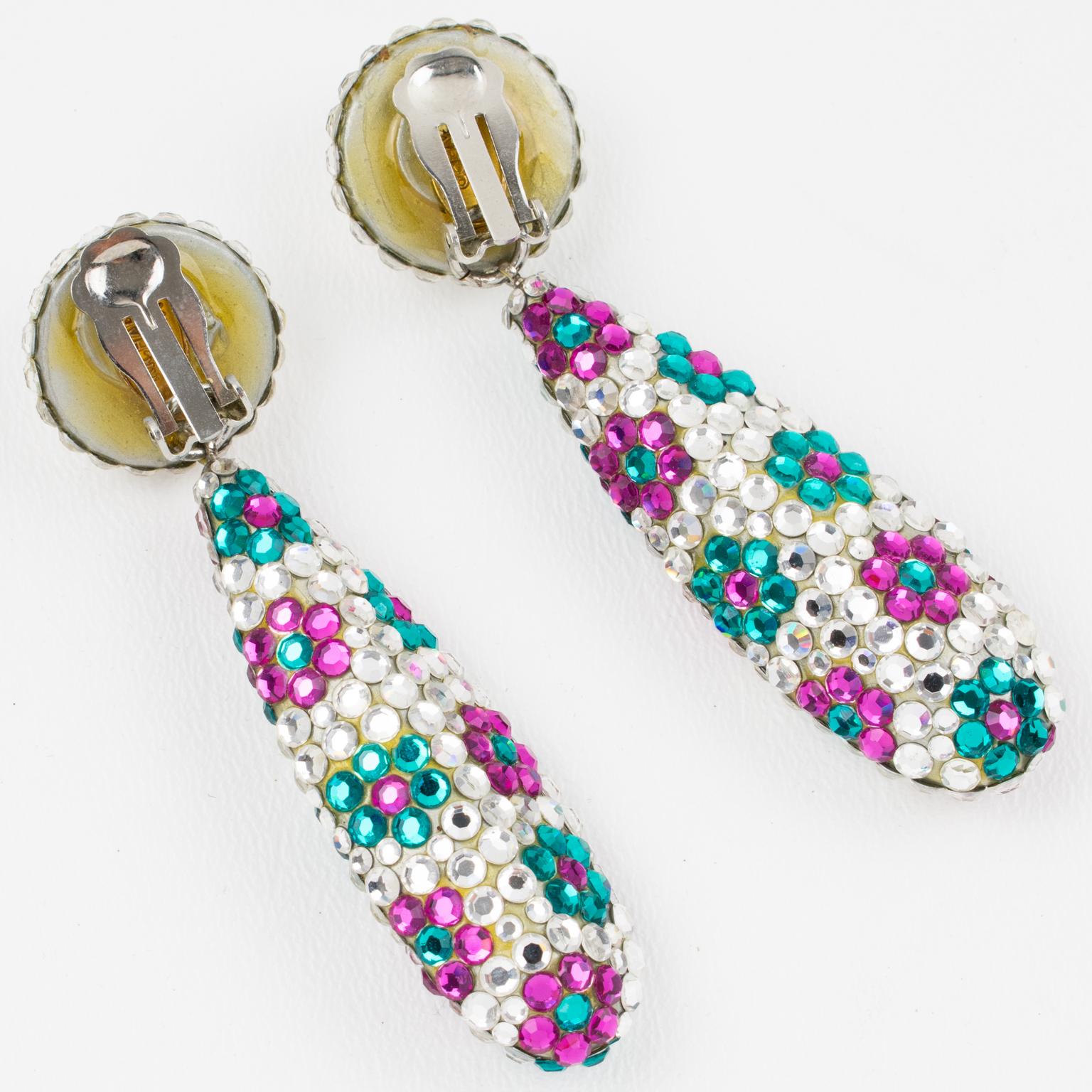 Richard Kerr Dangle Clip Earrings Turquoise and Fuchsia Crystal Flowers In Excellent Condition For Sale In Atlanta, GA