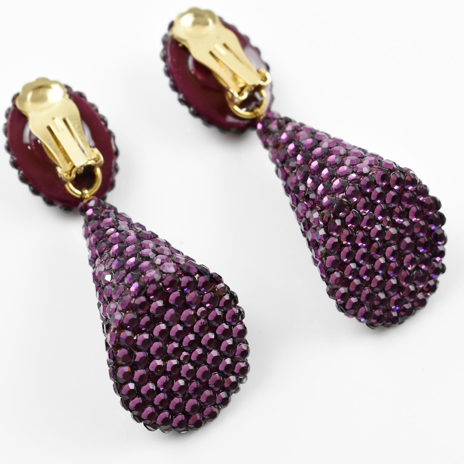 Women's or Men's Richard Kerr Dangle Clip on Earrings Amethyst Purple Crystal Rhinestones Paved