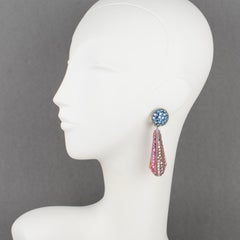 Richard Kerr Dangle Clip on Earrings Pink and Blue Rhinestones Paved