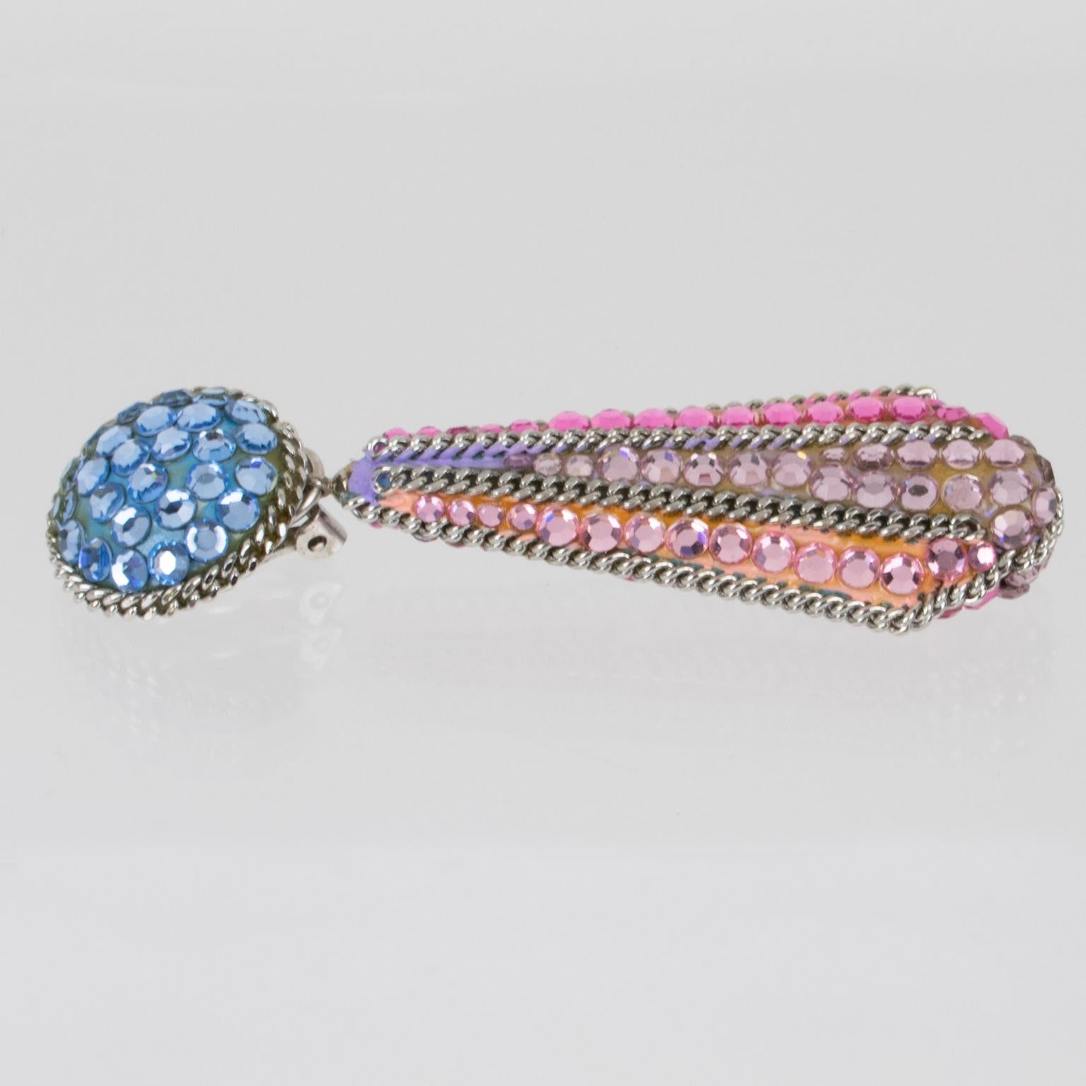 Romantic Richard Kerr Dangle Clip on Earrings Pink and Blue Rhinestones Paved