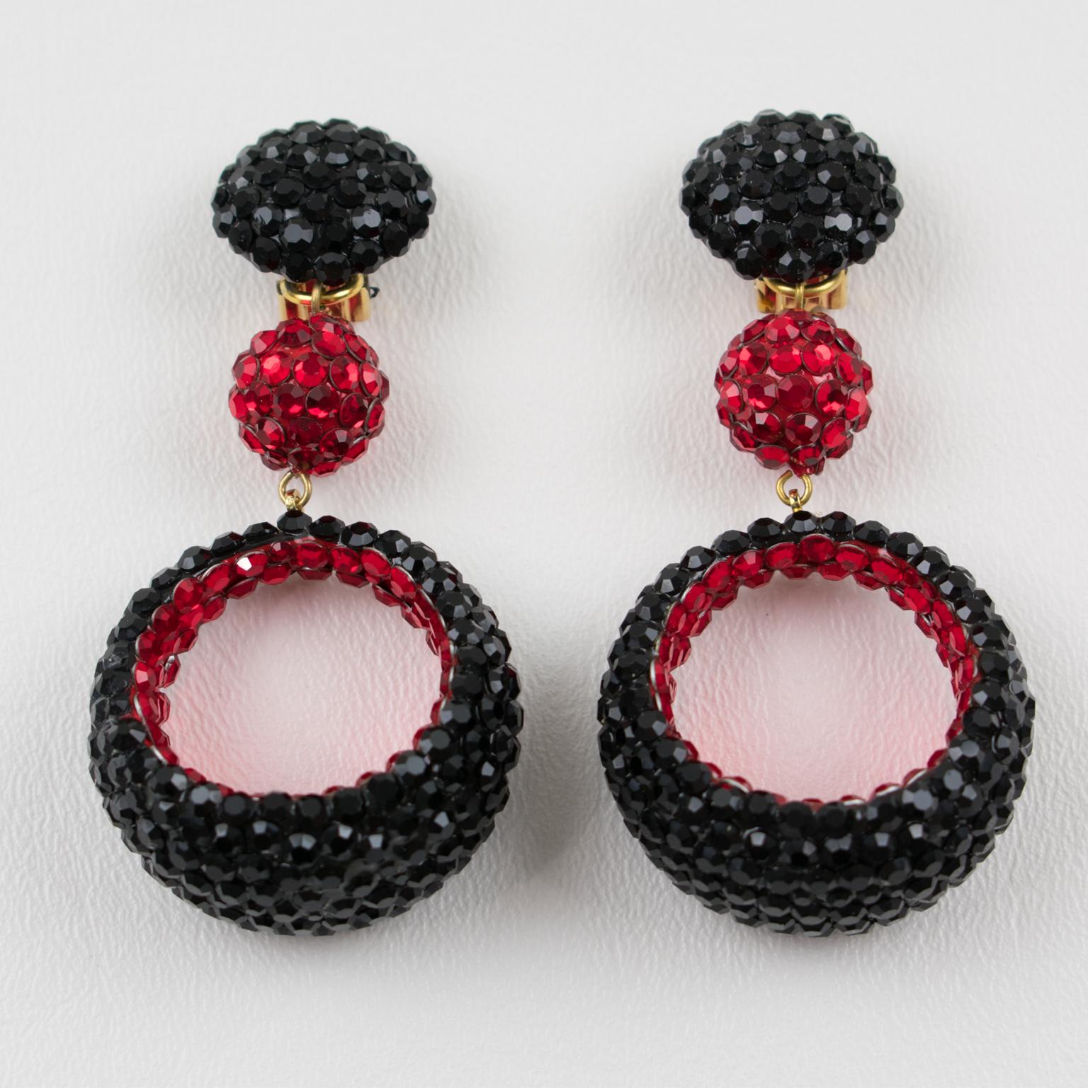 Modern Richard Kerr Dangle Red and Black Crystal Jeweled Clip Earrings For Sale