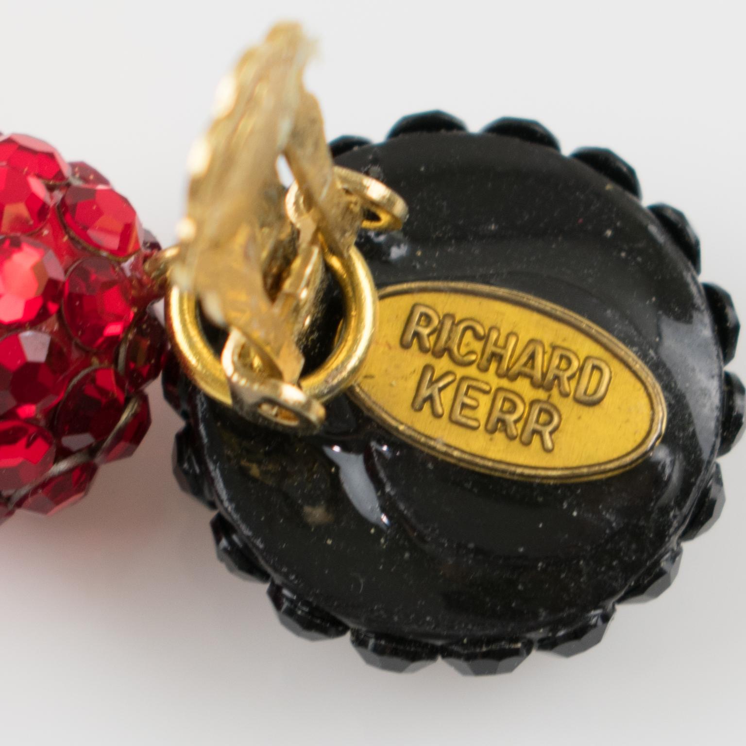 Women's or Men's Richard Kerr Dangle Red and Black Crystal Jeweled Clip Earrings For Sale