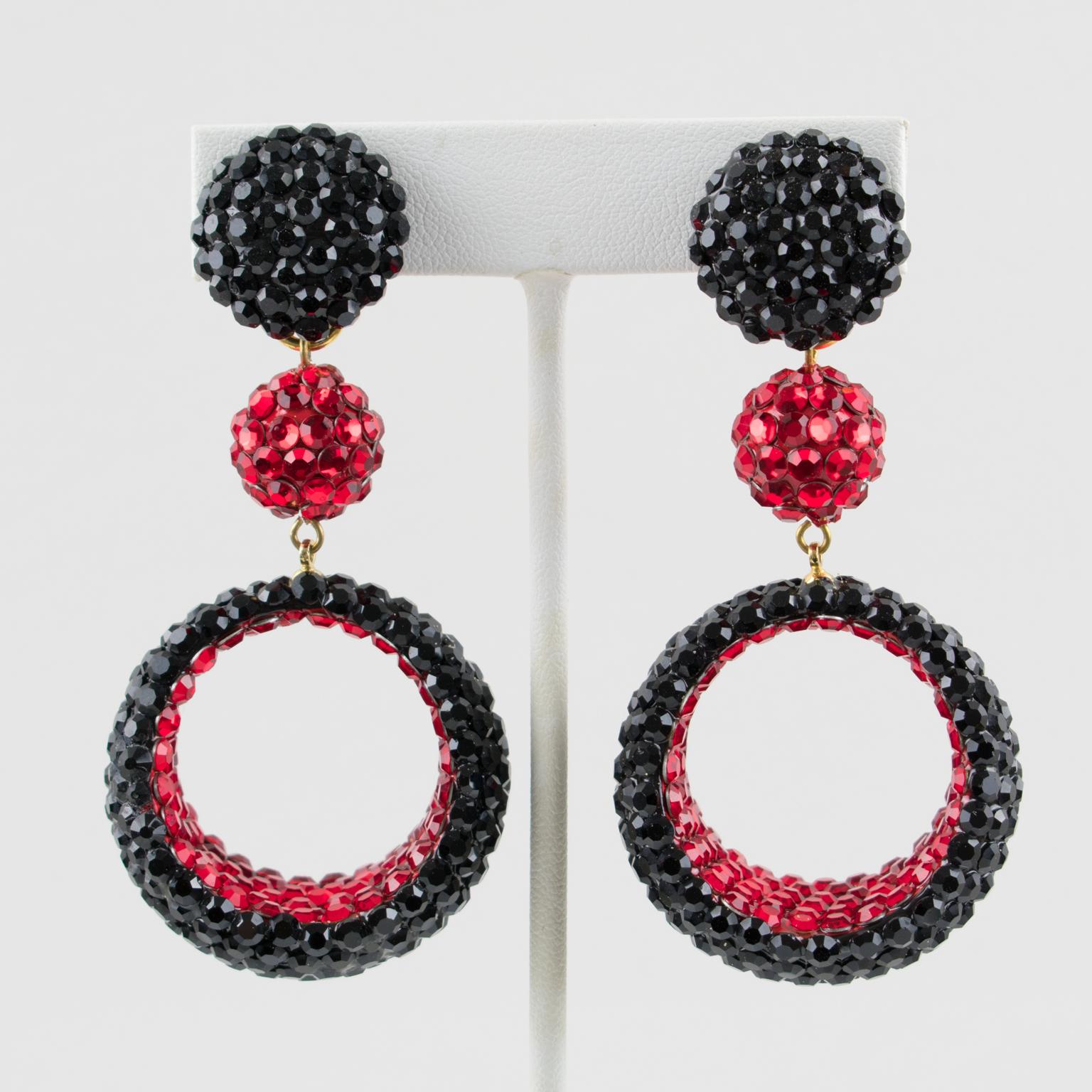 Richard Kerr Dangle Red and Black Crystal Jeweled Clip Earrings For Sale 2