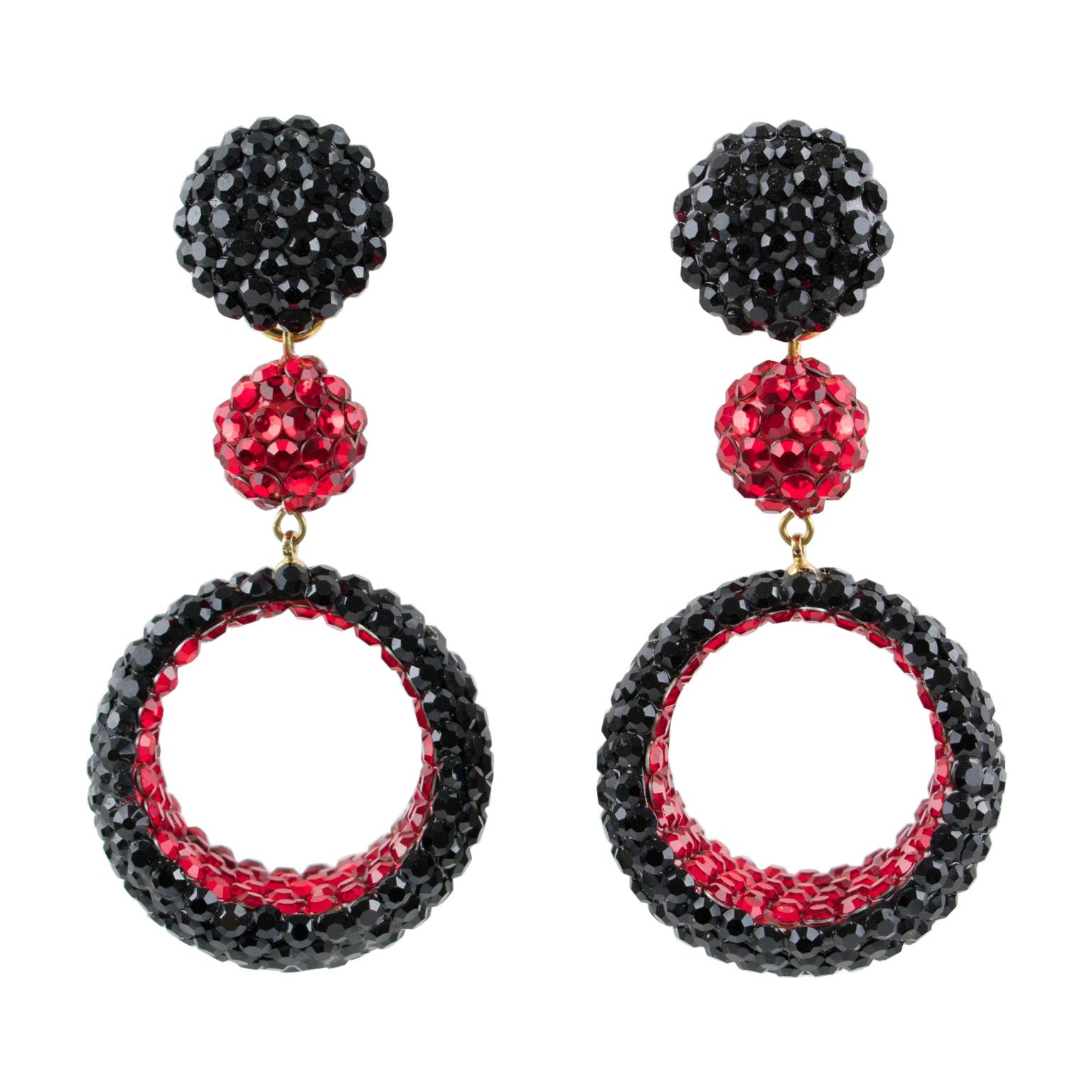 Richard Kerr Dangle Red and Black Crystal Jeweled Clip Earrings For Sale