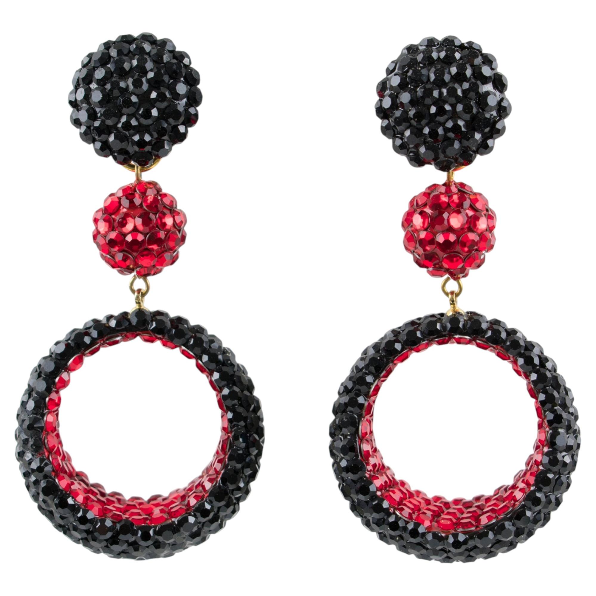 Richard Kerr Dangle Red and Black Crystal Jeweled Clip Earrings For Sale
