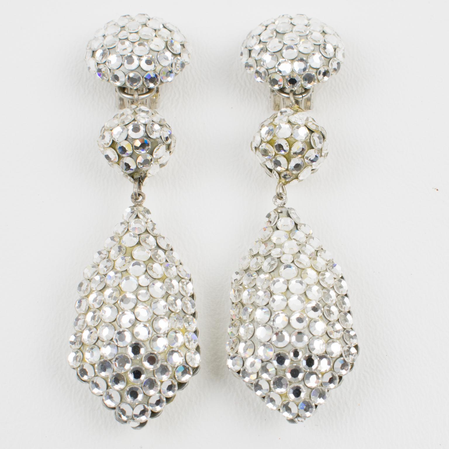 Modern Richard Kerr Dangle Silver Crystal Clip Earrings For Sale