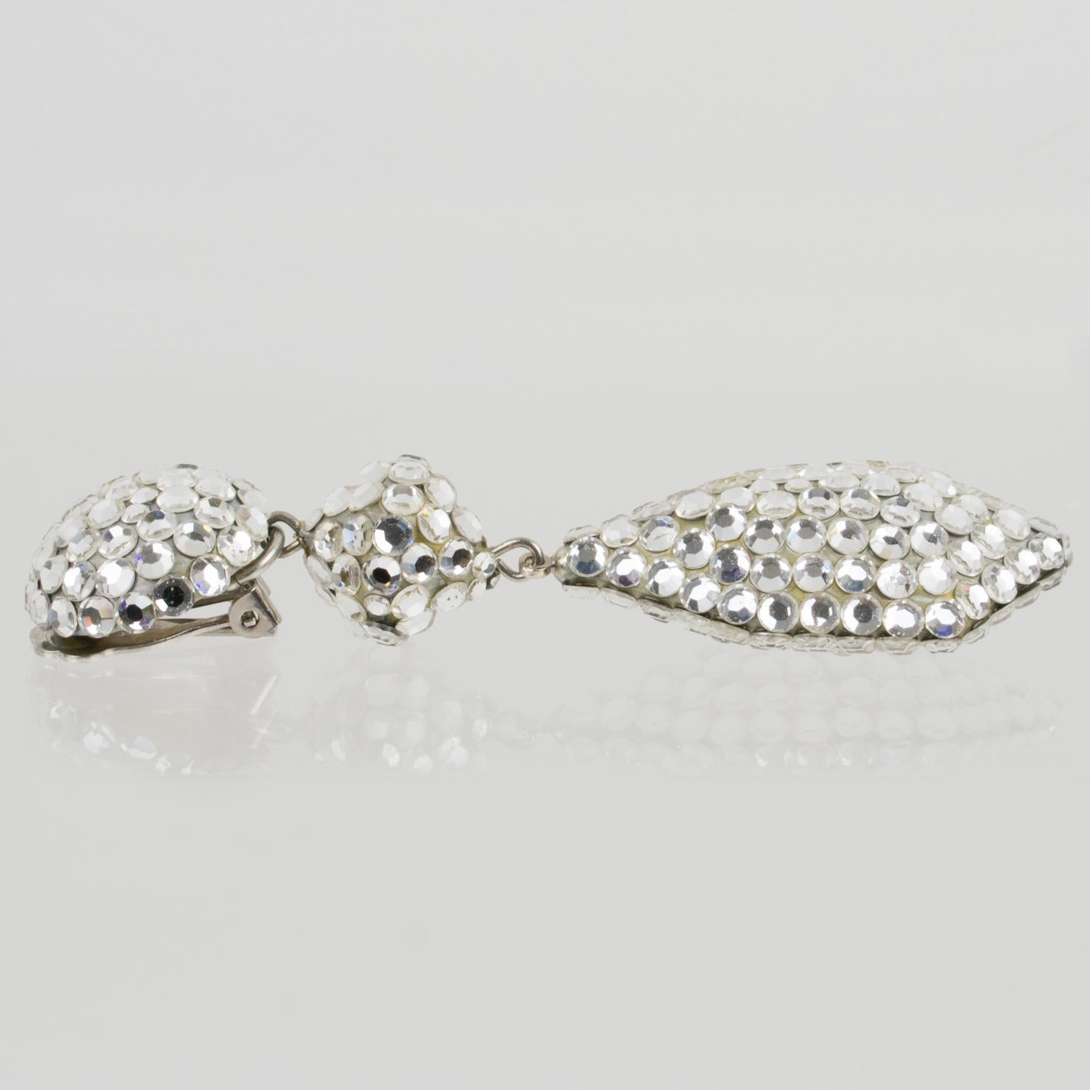 Richard Kerr Dangle Silver Crystal Clip Earrings For Sale 1