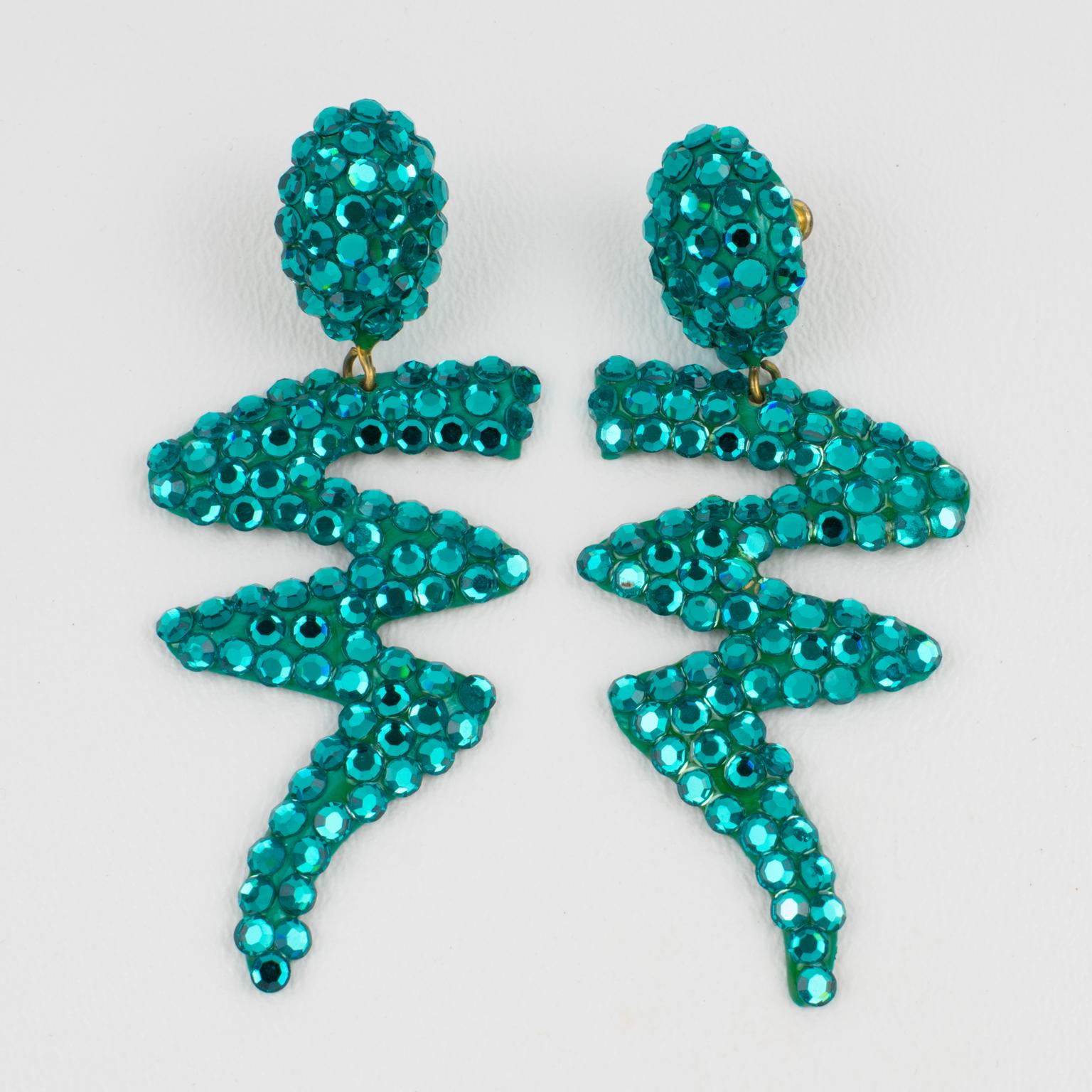 Modern Richard Kerr Dangle ZigZag Turquoise Jeweled Pierced Earrings For Sale