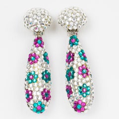 Richard Kerr Floral Jeweled Clip Earrings in Turquoise and Fuchsia Crystal