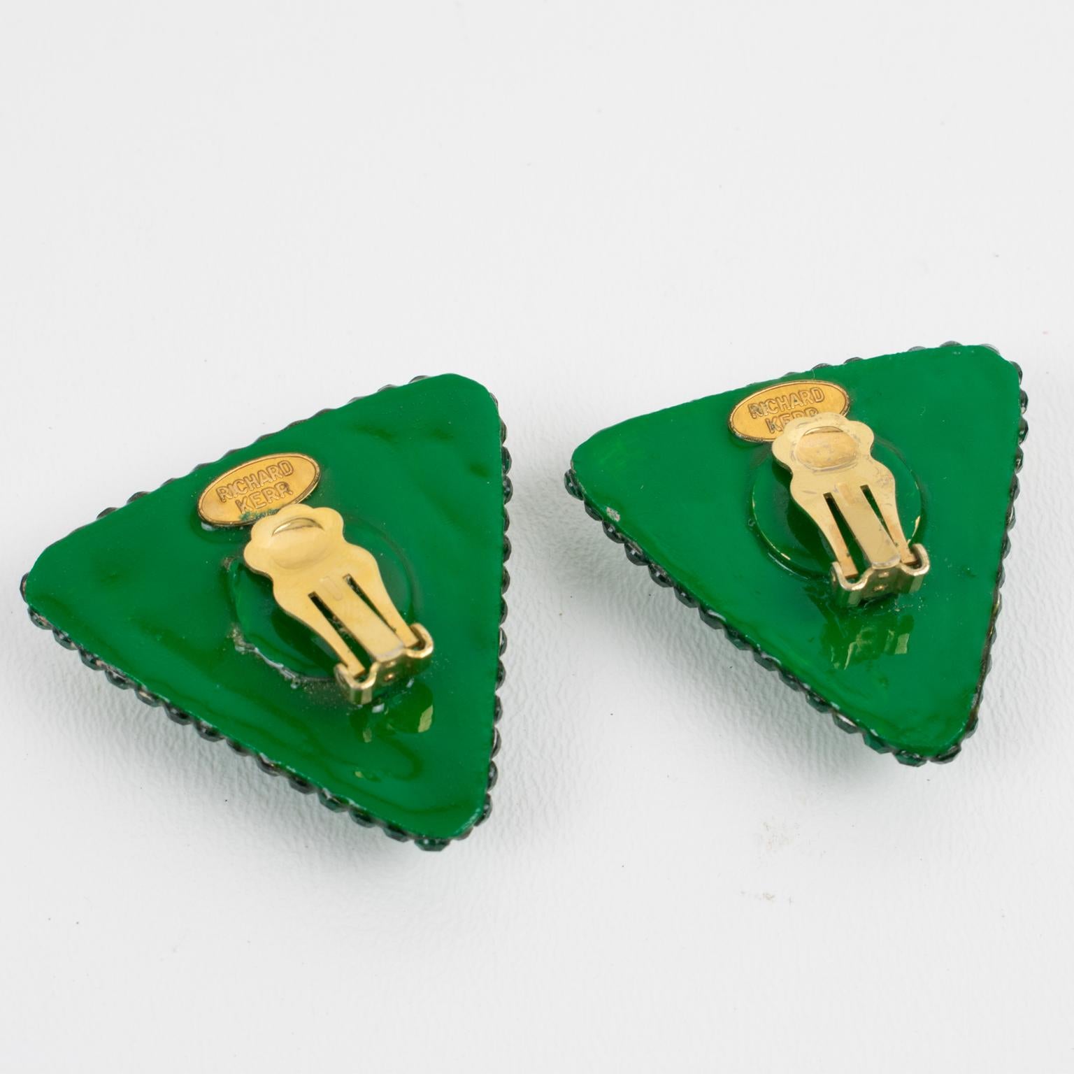 Richard Kerr Green Crystal Jeweled Triangle Clip Earrings In Excellent Condition For Sale In Atlanta, GA
