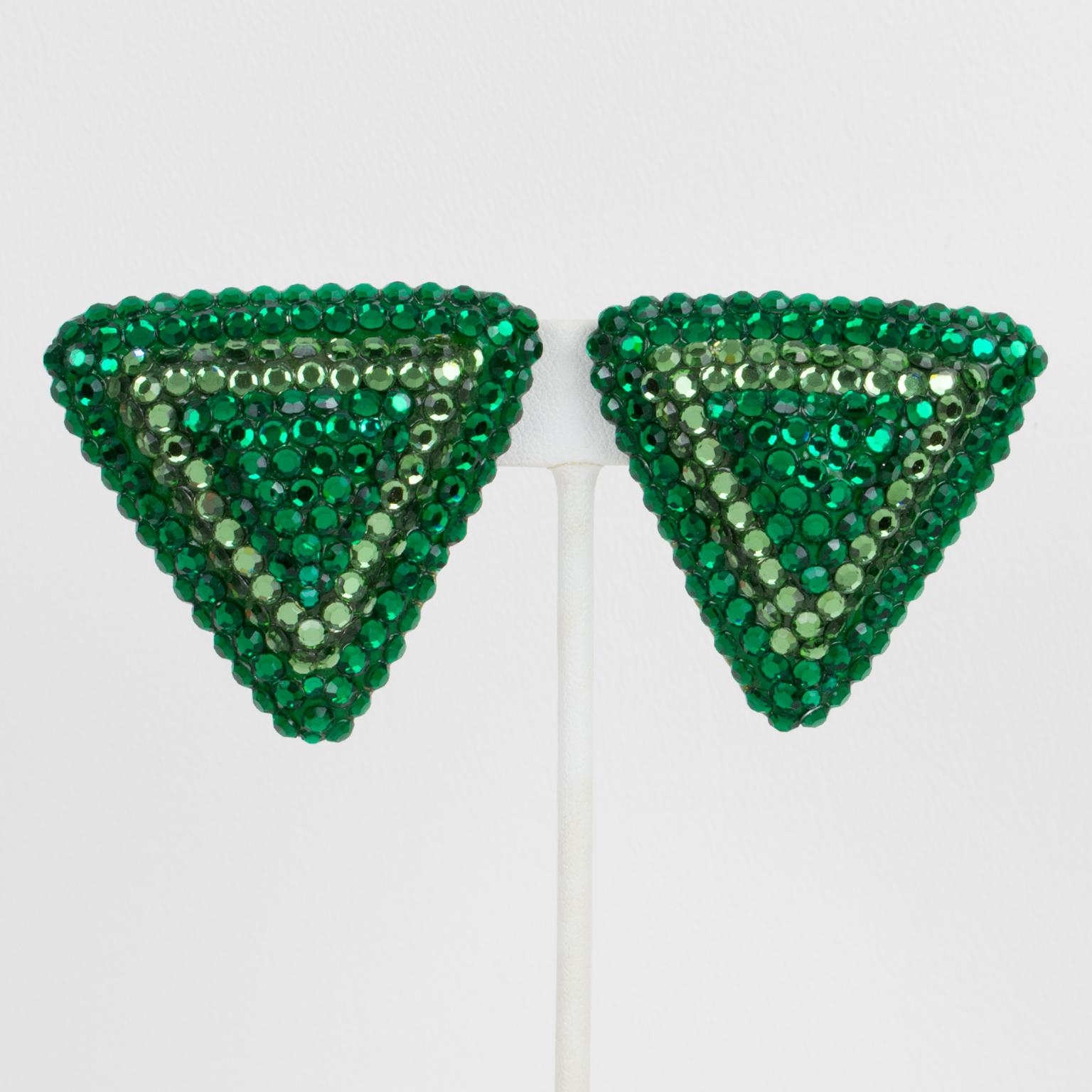 Richard Kerr Green Crystal Jeweled Triangle Clip Earrings For Sale 2
