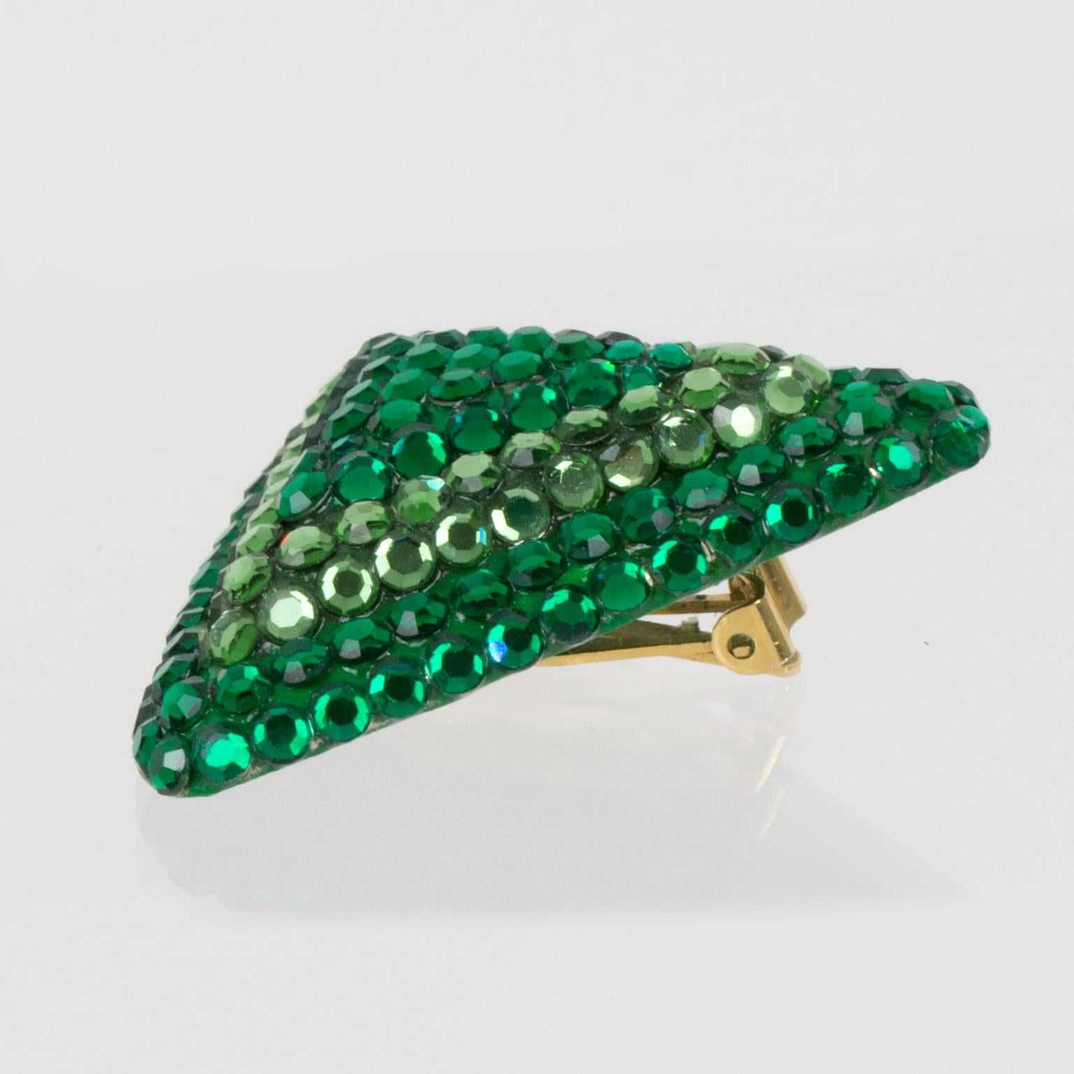 Richard Kerr Green Crystal Jeweled Triangle Clip Earrings For Sale 3