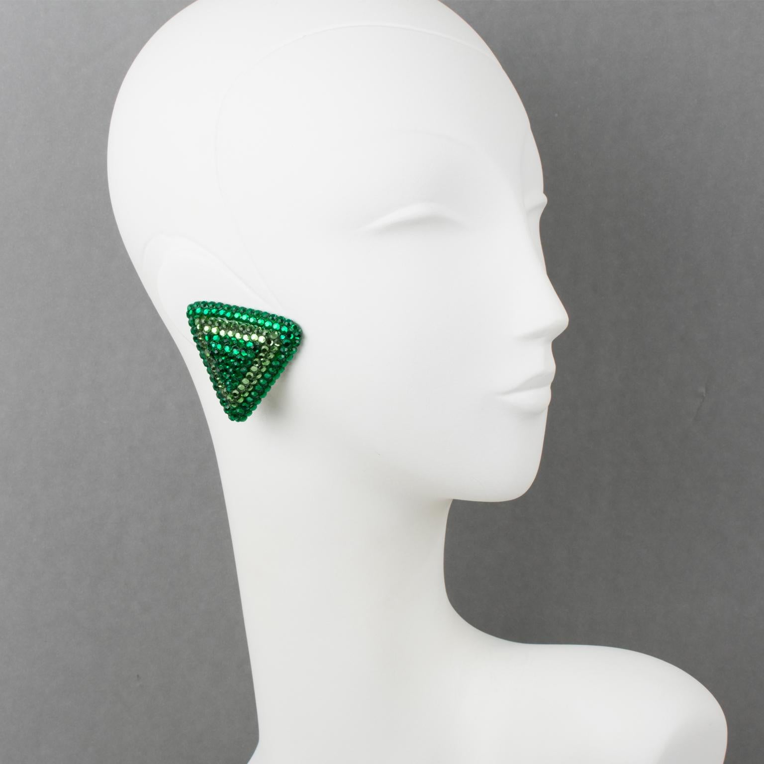 Richard Kerr Green Crystal Jeweled Triangle Clip Earrings For Sale 4