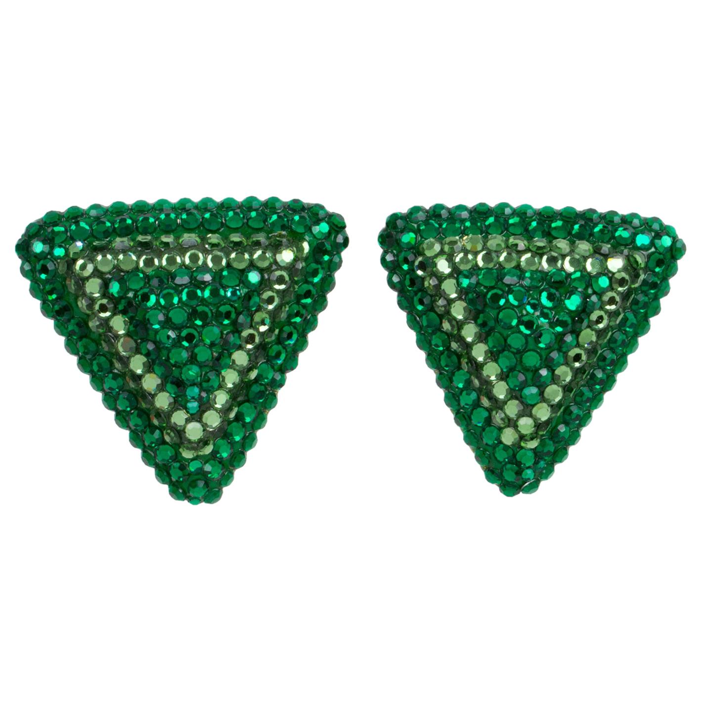 Richard Kerr Green Crystal Jeweled Triangle Clip Earrings For Sale