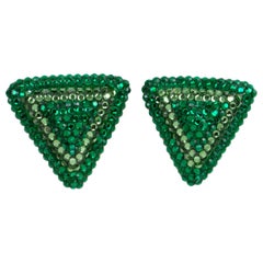 Vintage Richard Kerr Green Crystal Jeweled Triangle Clip Earrings
