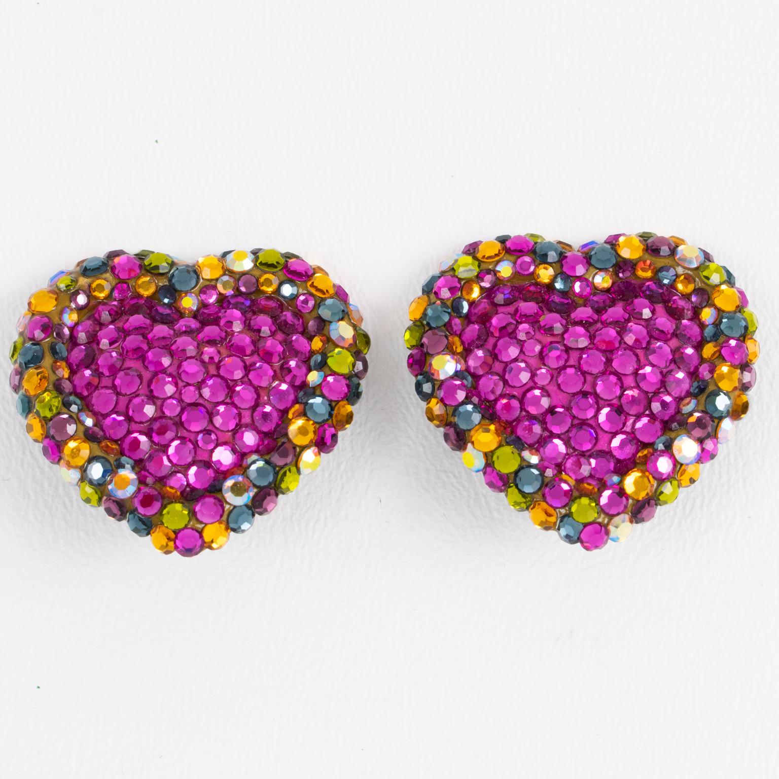 Romantic Richard Kerr Hot Pink and Multicolor Heart Jeweled Clip Earrings For Sale