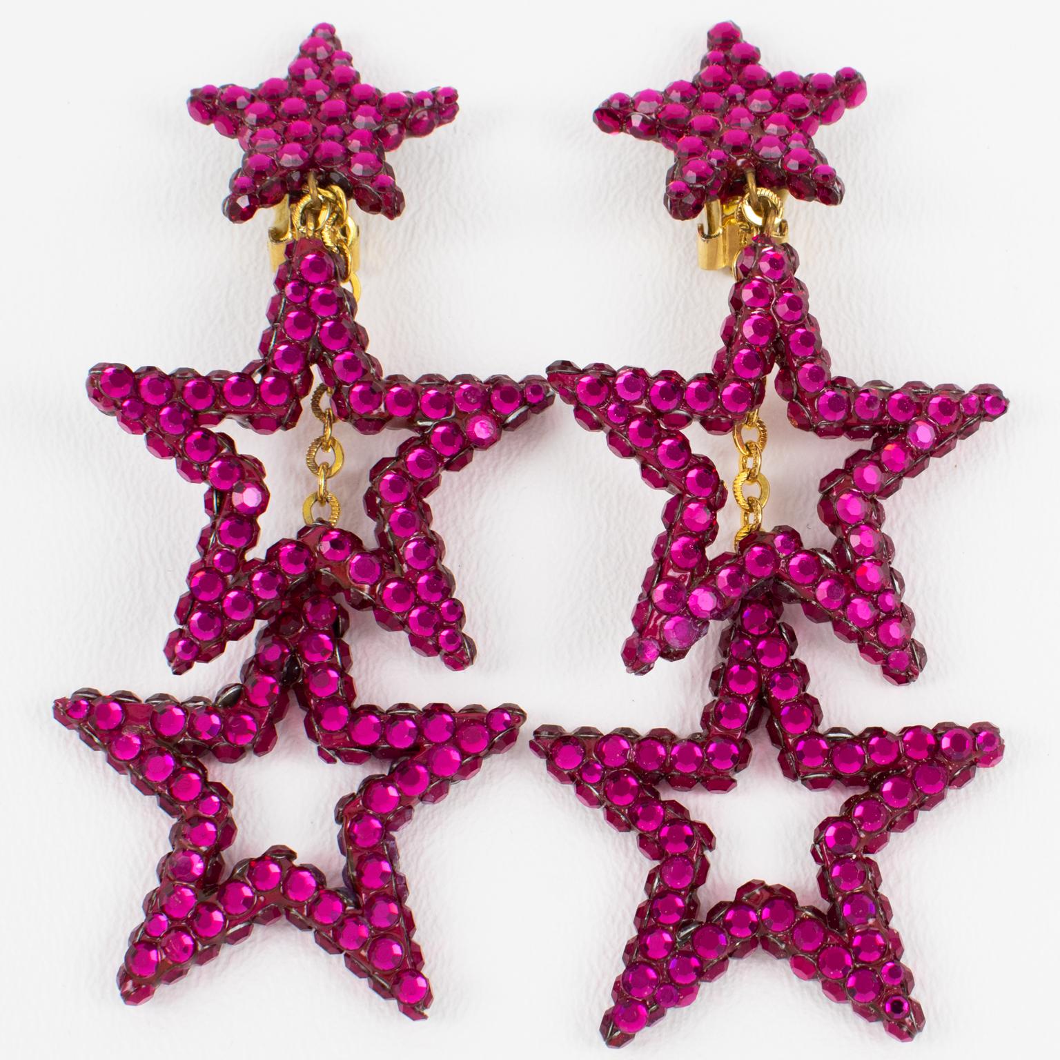 Modern Richard Kerr Hot Pink Fuchsia Jeweled Dangling Star Clip Earrings For Sale