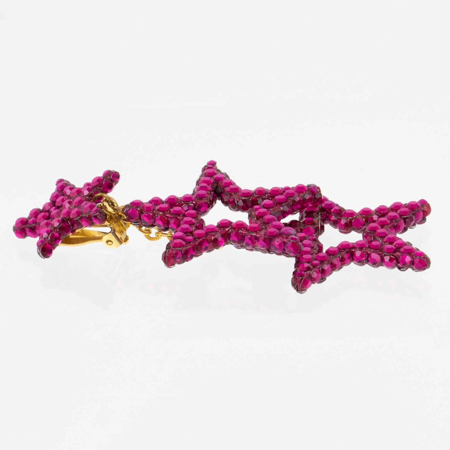 Richard Kerr Hot Pink Fuchsia Jeweled Dangling Star Clip Earrings For Sale 1