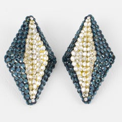 Richard Kerr Jeweled Clip Earrings Petroleum Blue and Silver Crystal