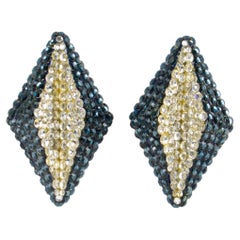 Richard Kerr Jeweled Clip Earrings Petroleum Blue and Silver Crystal