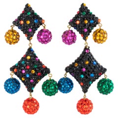Richard Kerr Multicolor and Black Jeweled Dangle Clip-on Earrings