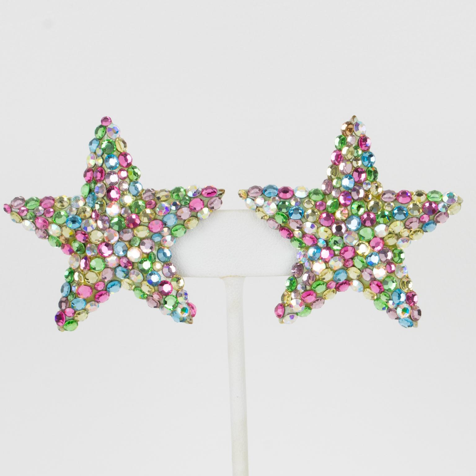Richard Kerr Multicolor Pastel Jeweled Star Clip-on Earrings For Sale 2