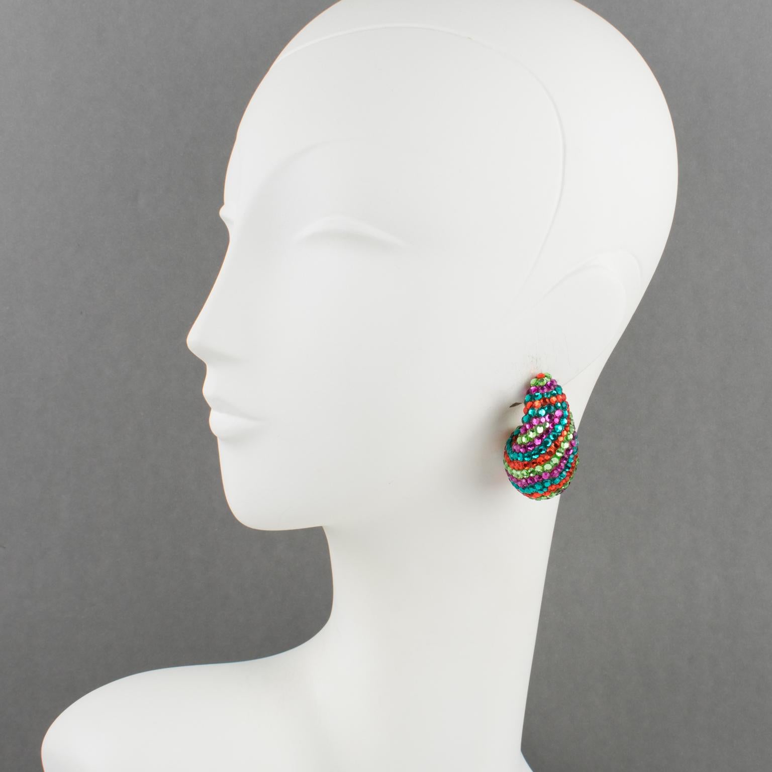 Modern Richard Kerr Nautilus Shaped Multicolor Crystal Paved Clip Earrings For Sale