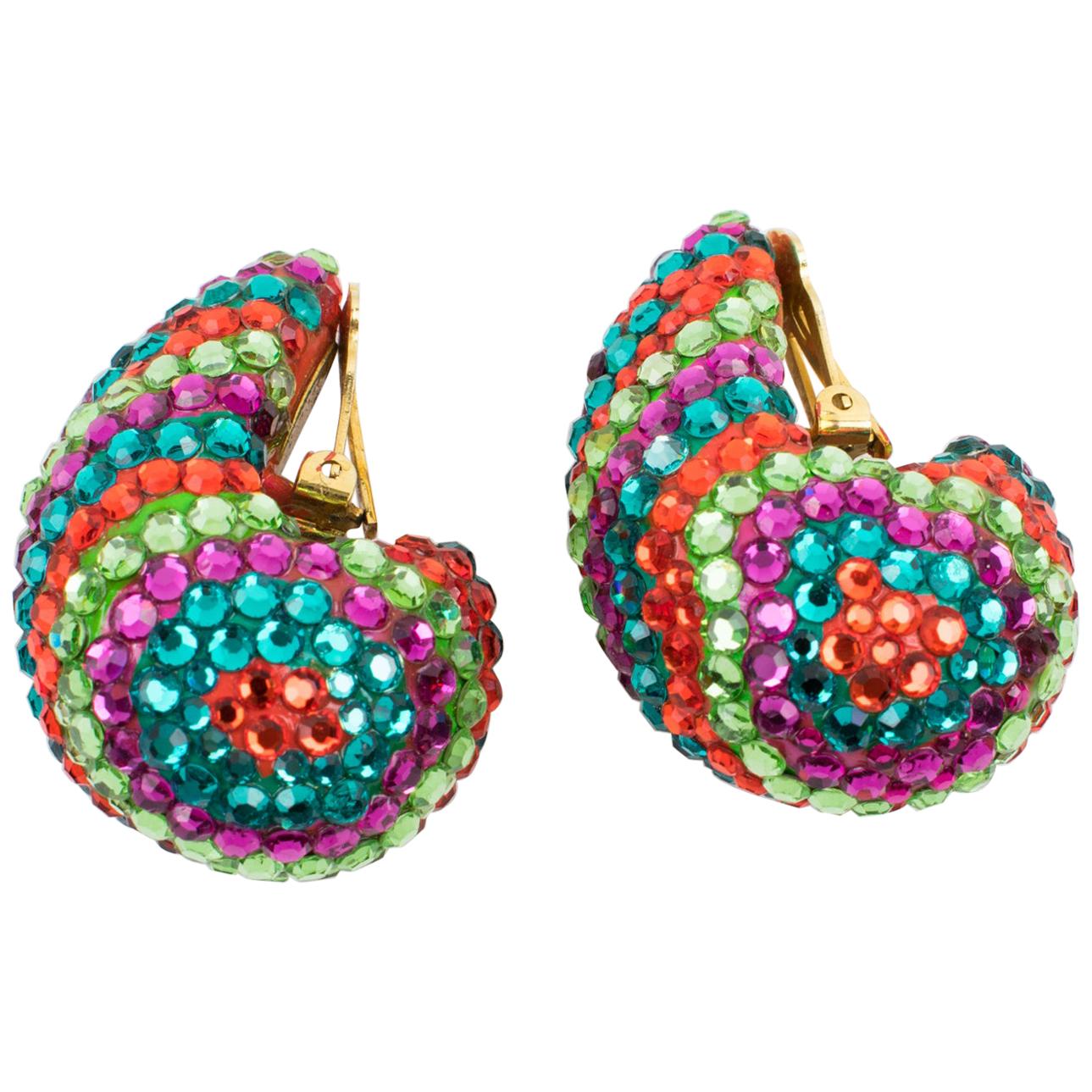 Richard Kerr Nautilus Shaped Multicolor Crystal Paved Clip Earrings For Sale