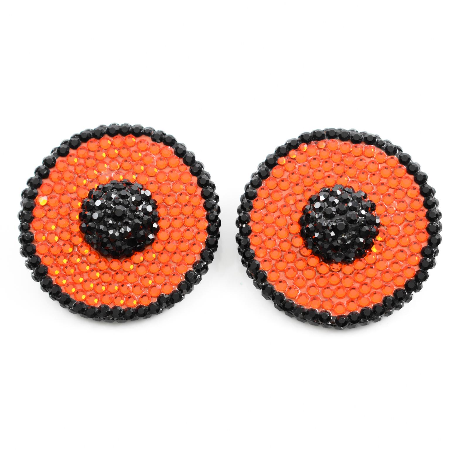 Modern Richard Kerr Orange and Black Crystal Jeweled Clip Earrings For Sale