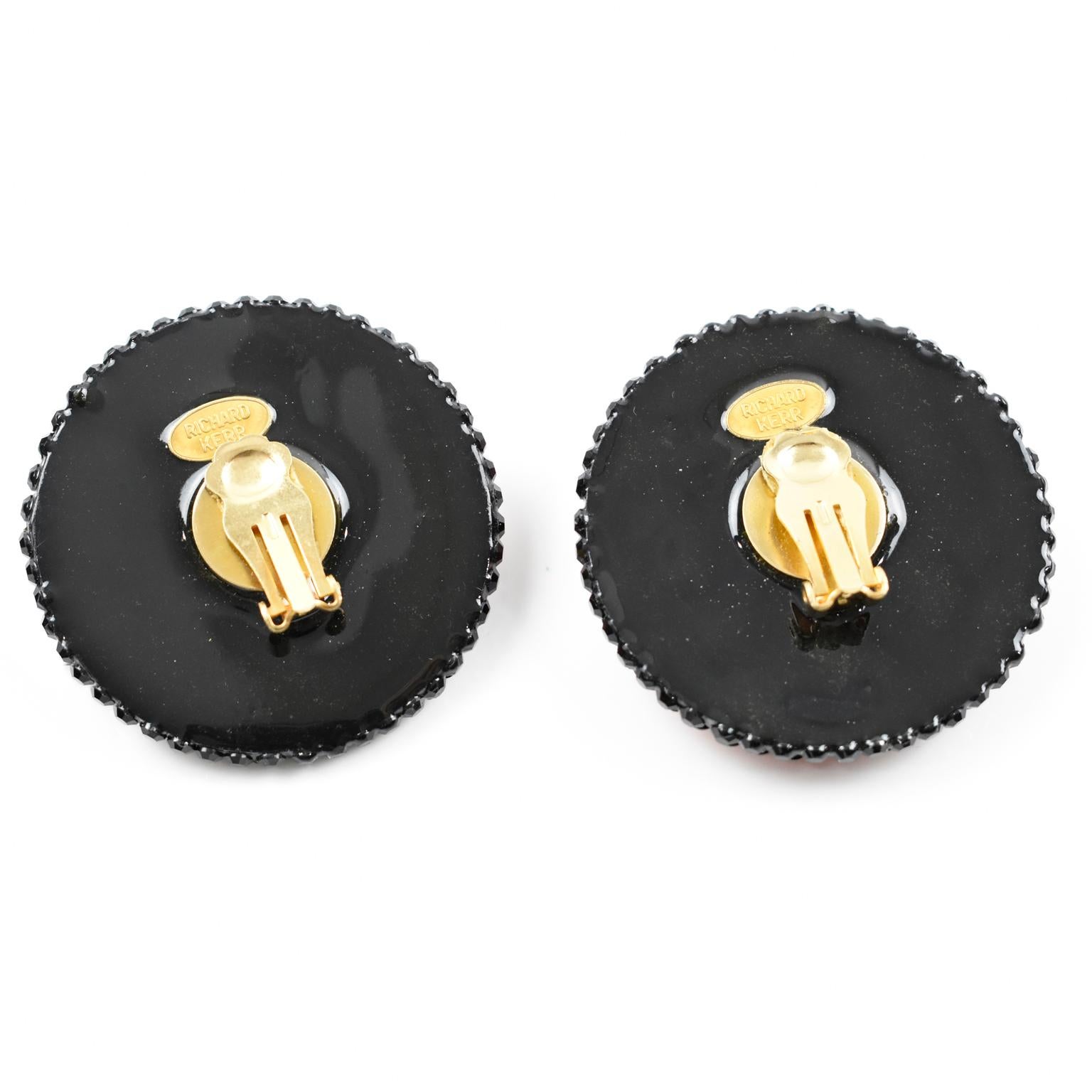 Richard Kerr Orange and Black Crystal Jeweled Clip Earrings In Excellent Condition For Sale In Atlanta, GA